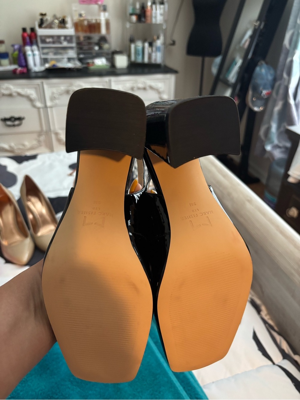 Marc Fisher Black Patent Slingback Square-Toe Pumps - Picture 4 of 5